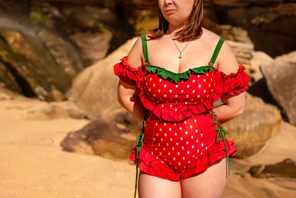 Red Strawberry Ruffle One-Piece Swimsuit with Side Ties - Image 4